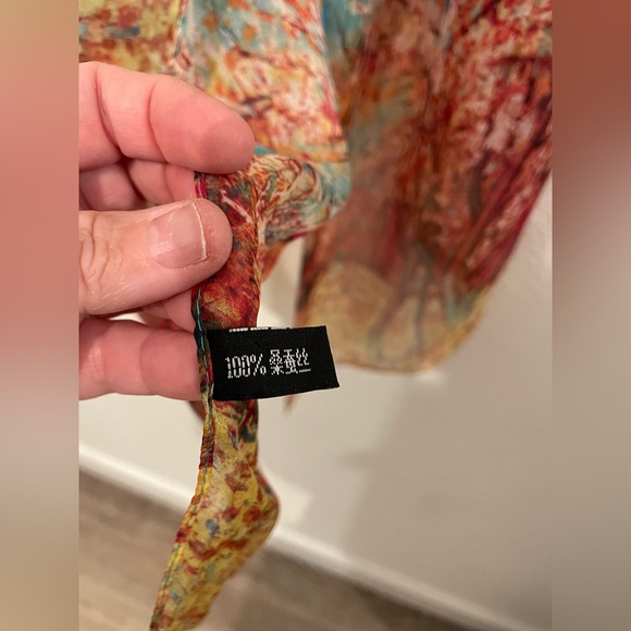 100% Silk Women Scarf Large Shawl long Wrap floral yellow blue red 66x40” - Picture 3 of 5